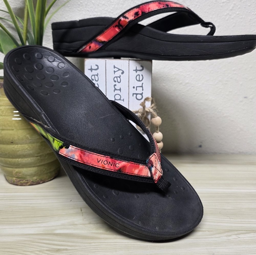 Vionic Pacific High Tide Black w Multicolir Straps Thong Sandals Platform Wedge
